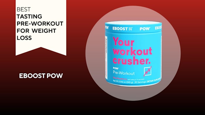 A red background with a white banner that says, "Best Tasting Pre-Workout for Weight Loss" next to a turquoise and pink container of EBOOST POW pre-workout in Blue Raspberry flavor